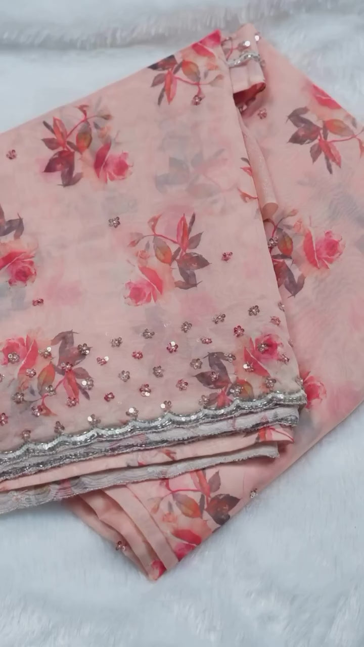 Baby Pink Organza Saree with Floral Print and Cutwork Border