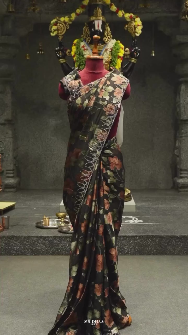 Black Satin Fancy Saree with Brasso Print with Metallic Floral Motifs